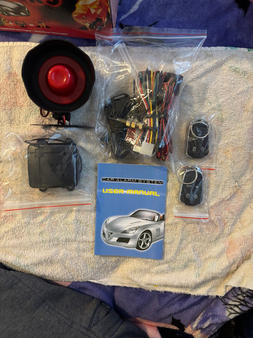 Dalos BT G01 car alarm components, siren, wiring and remotes