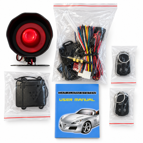 Edited white-background overview of the photographed BT G01 car alarm kit, two remotes, siren, wiring and manual; original photo retained