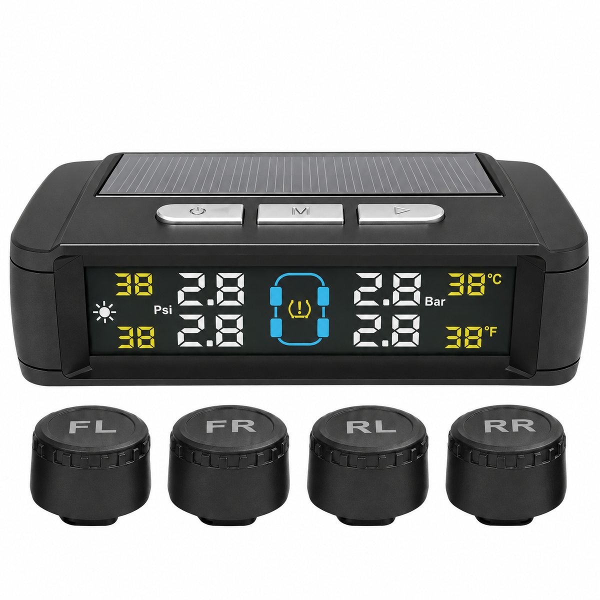 Solar-powered TPMS monitor with four external tire sensors
