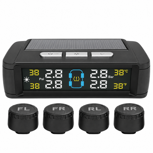 Solar-powered TPMS monitor with four external tire sensors