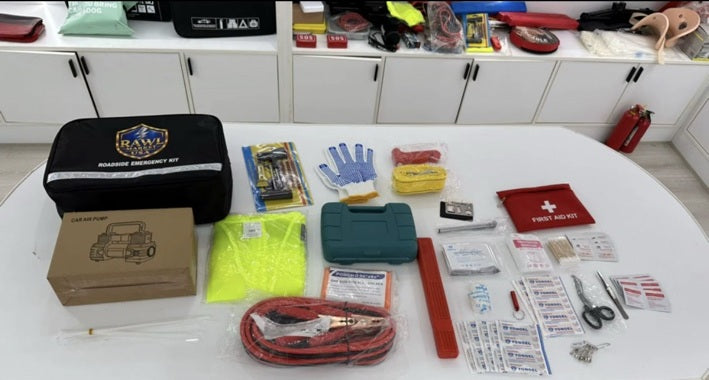 Actual EK124 roadside emergency kit and included contents displayed together