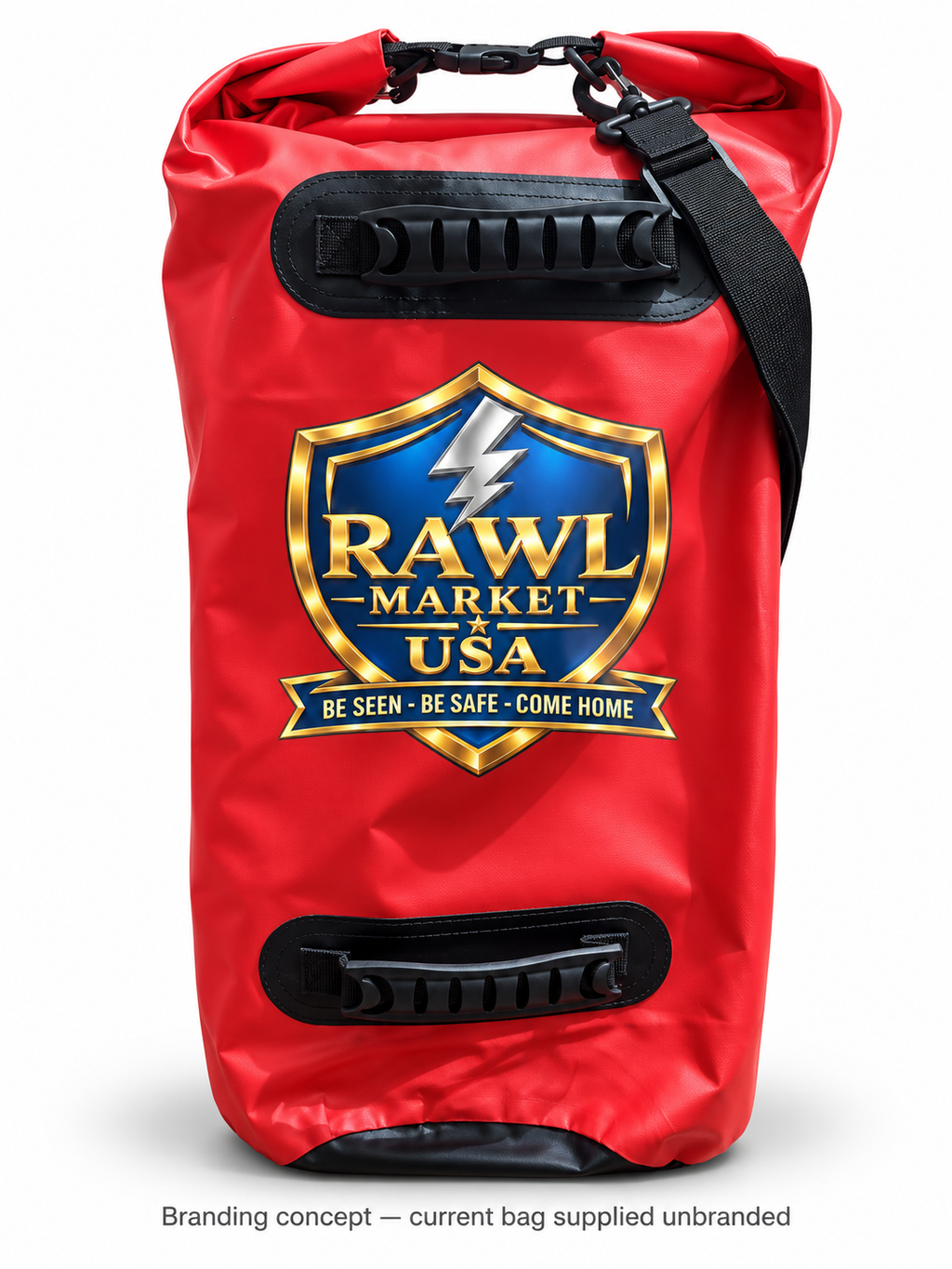 Branding concept only: proposed shield on carrying bag. Current bag supplied unbranded.