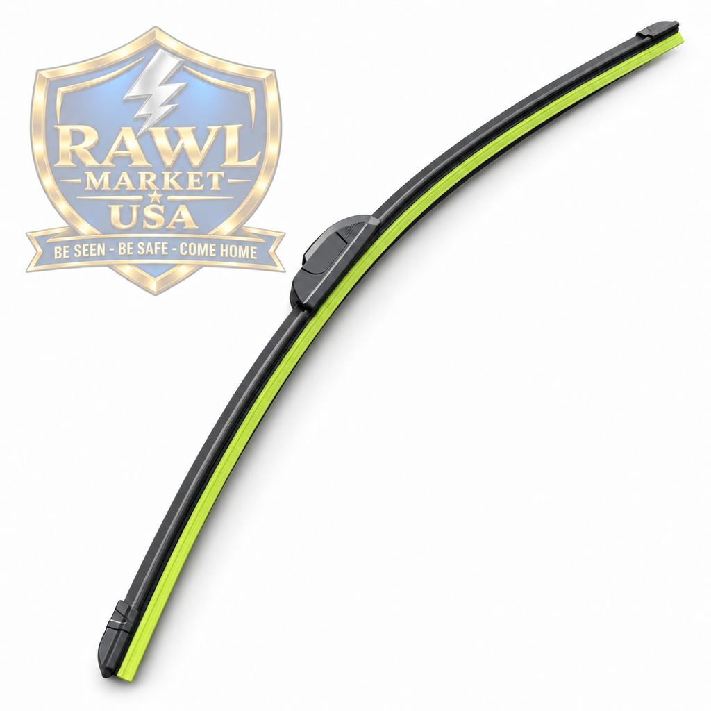Single flat U-hook wiper blade with protective shipping strip; Rawl Market USA shield in background; sold individually